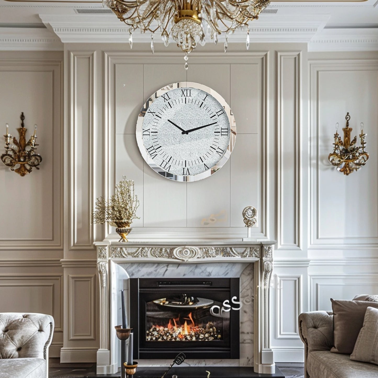 Round Crystal Crushed Diamond Wall Clock – Silver Mirrored Glass Clock for Sparkling Home Décor