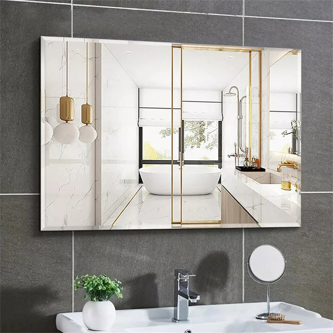 Frameless Rectangle Wall Mirror – Beveled Silver Edge Vanity Mirror for Bathroom, Bedroom, Living Room & Dining Room