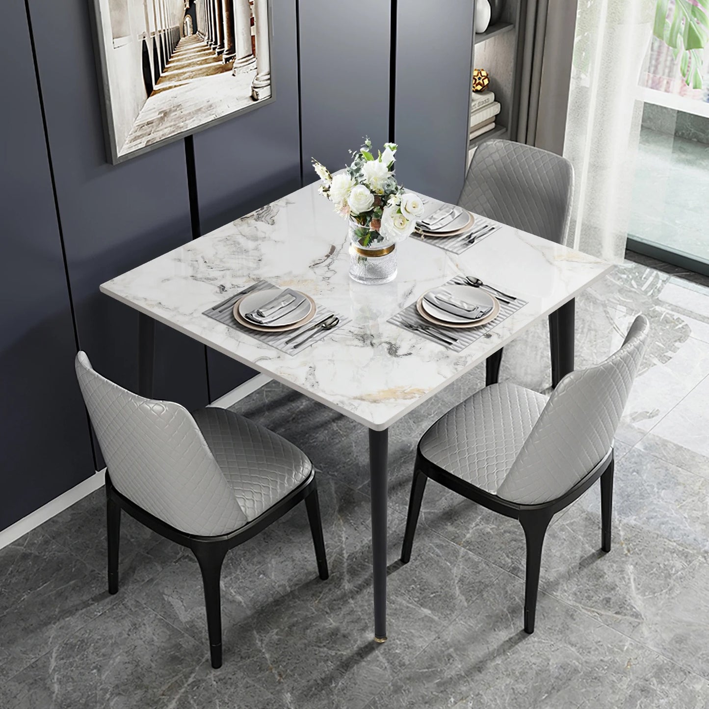 Mid-Century Slate Kitchen Dining Table with Sintered Stone Top and Metal Legs