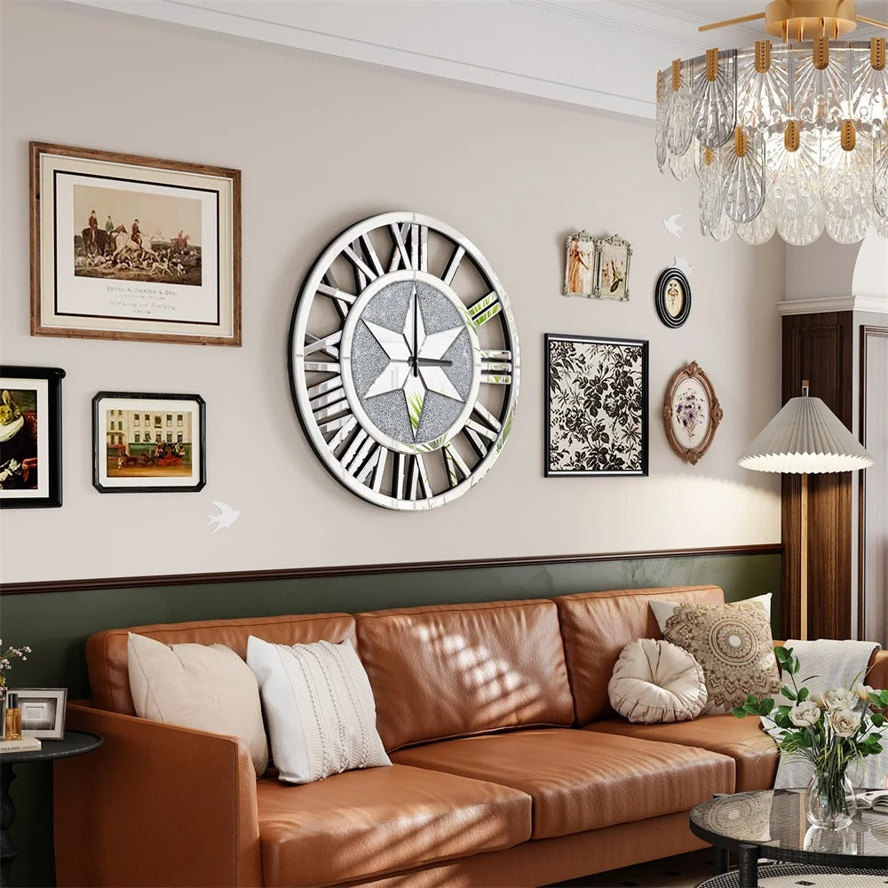 Large 60CM Round Mirrored Wall Clock – Beveled Glass Skeleton Clock with Roman Numerals for Living Room & Fireplace Decor