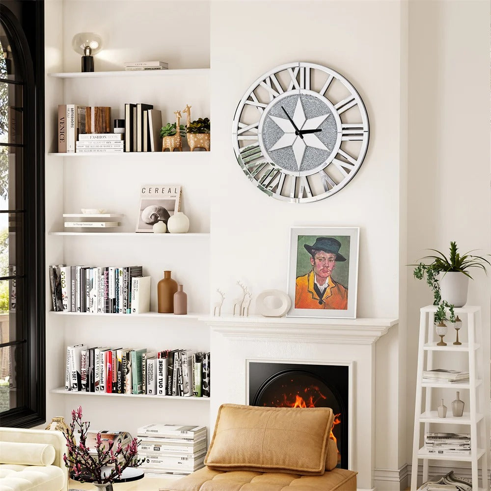 Large 60CM Round Mirrored Wall Clock – Beveled Glass Skeleton Clock with Roman Numerals for Living Room & Fireplace Decor