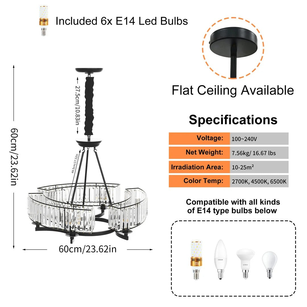 Round Crystal Chandelier – Black Ceiling Light Fixture with 3-Colour Modes & Adjustable Height
