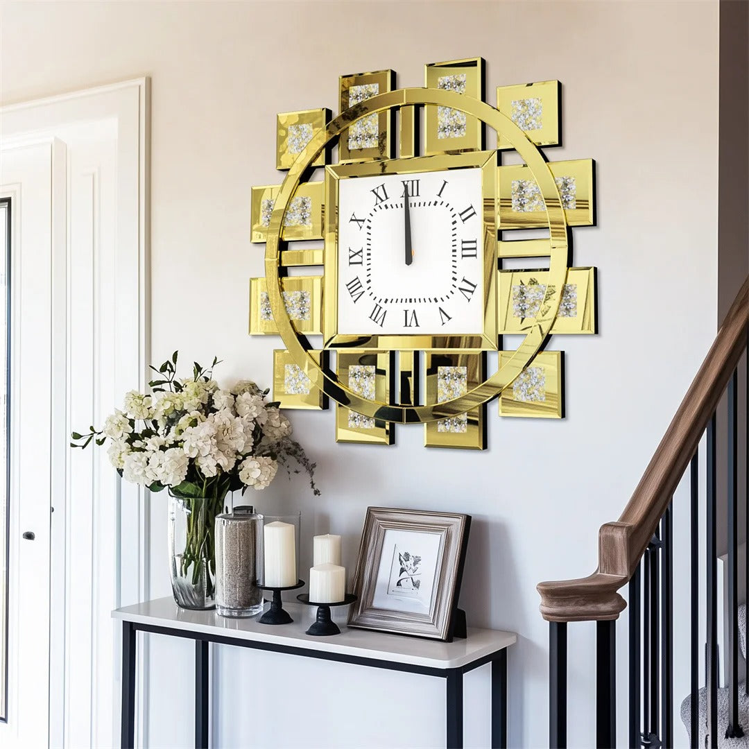Irregular Decorative Wall Clock – Silver/Gold Crystal Crushed Diamond Inlay, Battery Operated