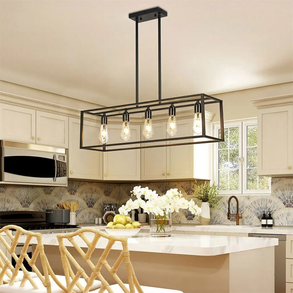 Industrial 5-Bulb Black Kitchen Island Chandelier – Pendant Ceiling Light for Living Room, Hallway & Farmhouse Interiors