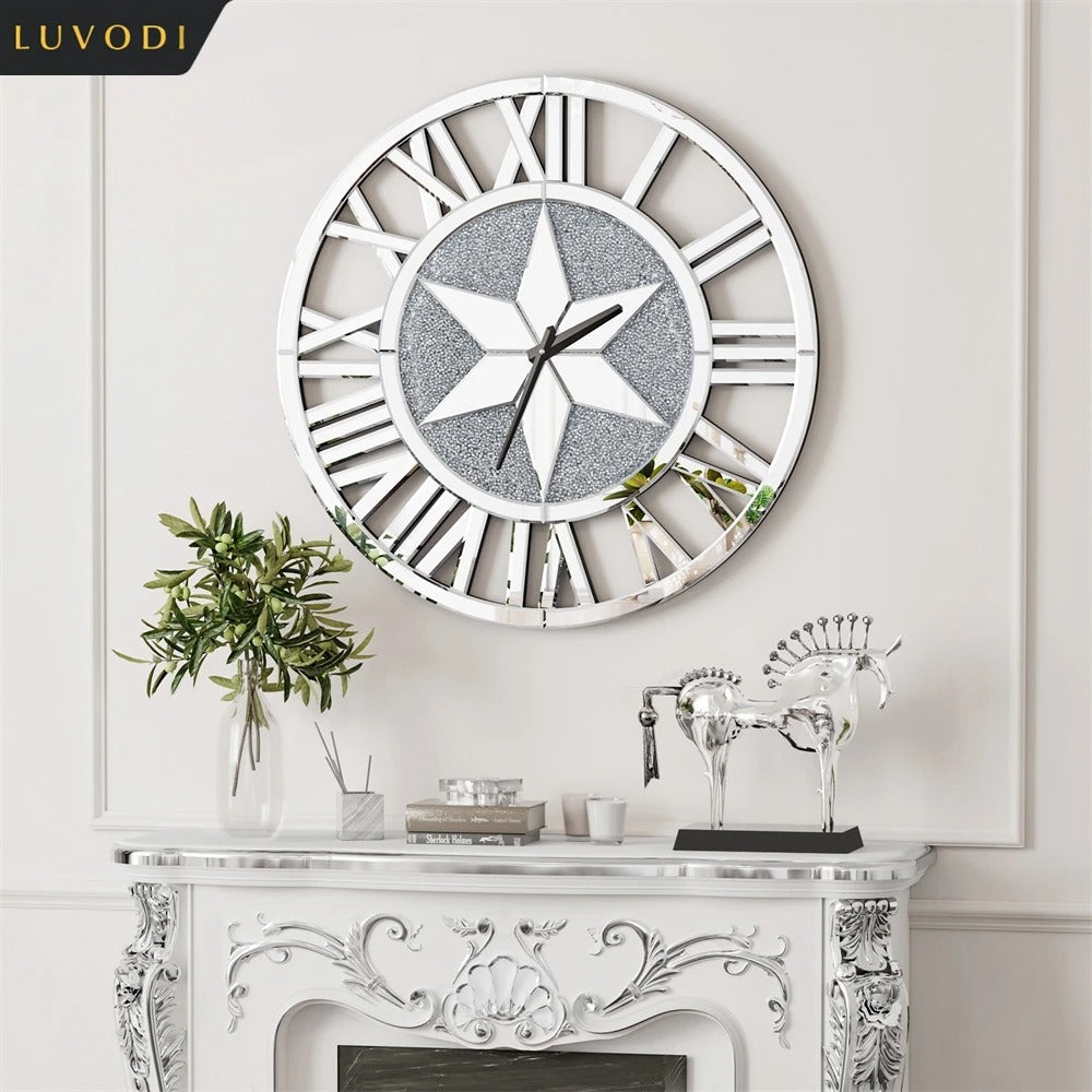 Large 60CM Round Mirrored Wall Clock – Beveled Glass Skeleton Clock with Roman Numerals for Living Room & Fireplace Decor