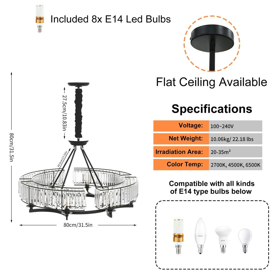 Round Crystal Chandelier – Black Ceiling Light Fixture with 3-Colour Modes & Adjustable Height