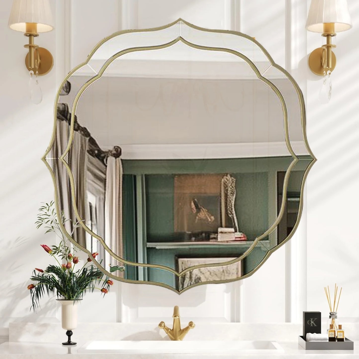 Modern Decorative Wall Mirror – Venetian-Style Silver Glass Mirror with Golden Rim & Beveled Frame for Bedroom & Hallway