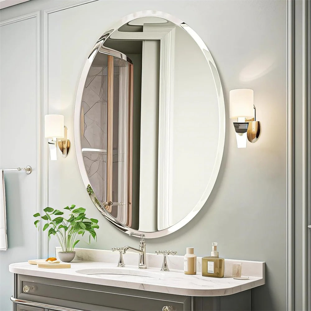 Oval Frameless Bathroom Mirror – High-Definition Vanity Mirror with Beveled Edge for Entryway & Living Room