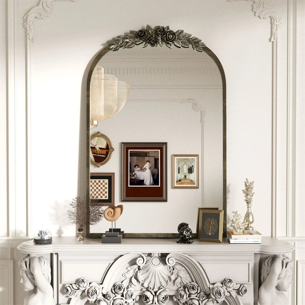 Arched Antique Brass Wall Mirror – Metal Frame with Decorative Resin Rose Pattern for Entryway, Fireplace & Living Room