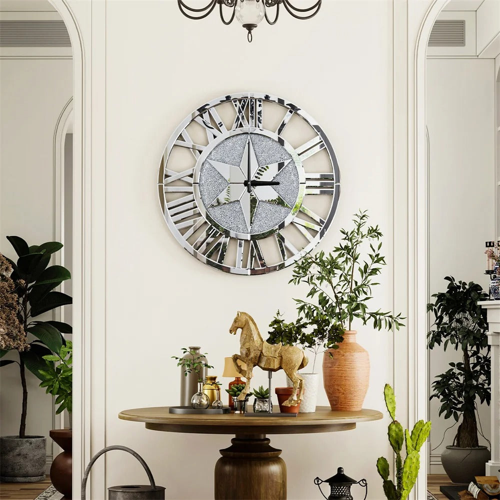 Large 60CM Round Mirrored Wall Clock – Beveled Glass Skeleton Clock with Roman Numerals for Living Room & Fireplace Decor