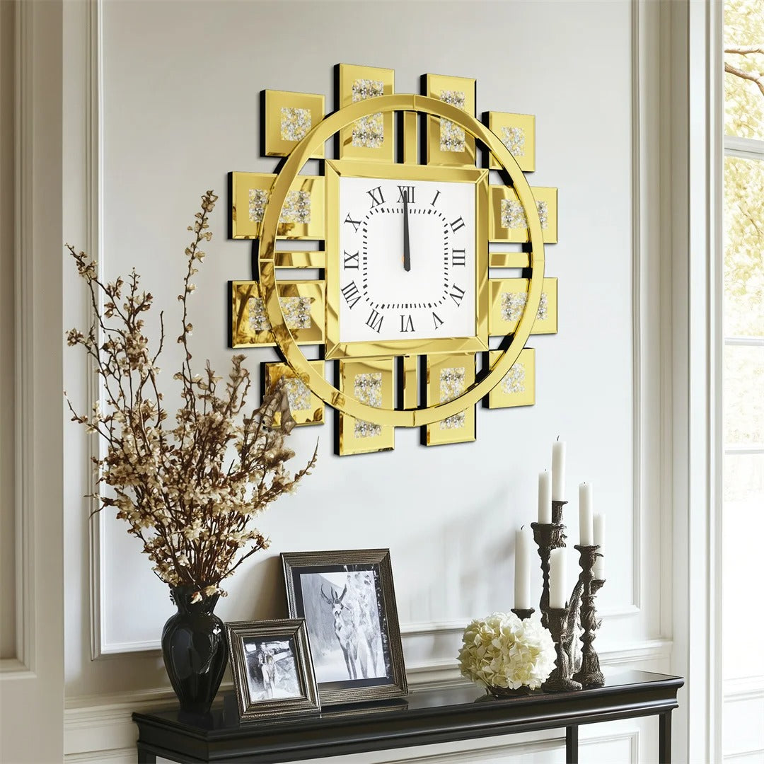 Irregular Decorative Wall Clock – Silver/Gold Crystal Crushed Diamond Inlay, Battery Operated