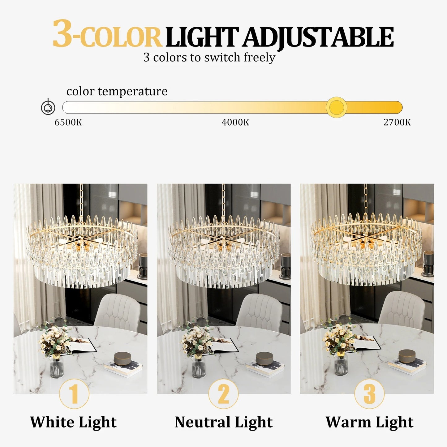 Luxury Crystal Pendant Chandelier – Artistic Ceiling Light Fixture with 3-Colour Adjustable Lighting