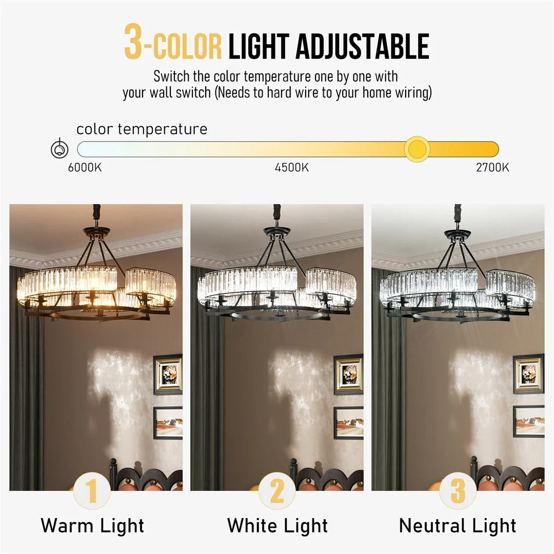 Round Crystal Chandelier – Black Ceiling Light Fixture with 3-Colour Modes & Adjustable Height