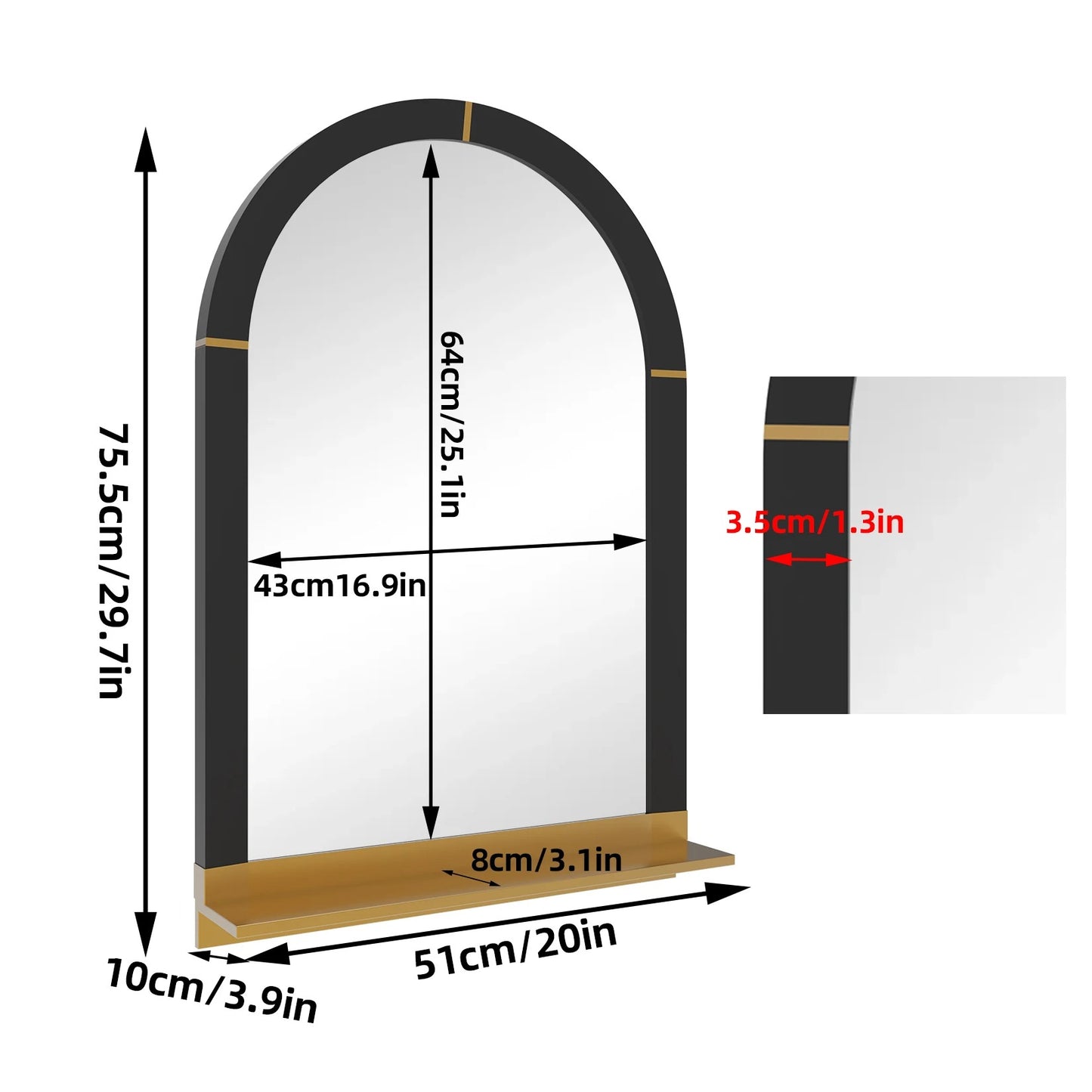 Modern Arched Wall Mirror with Shelf – 20x30" Gold Decorative Mirror for Entryway & Living Room