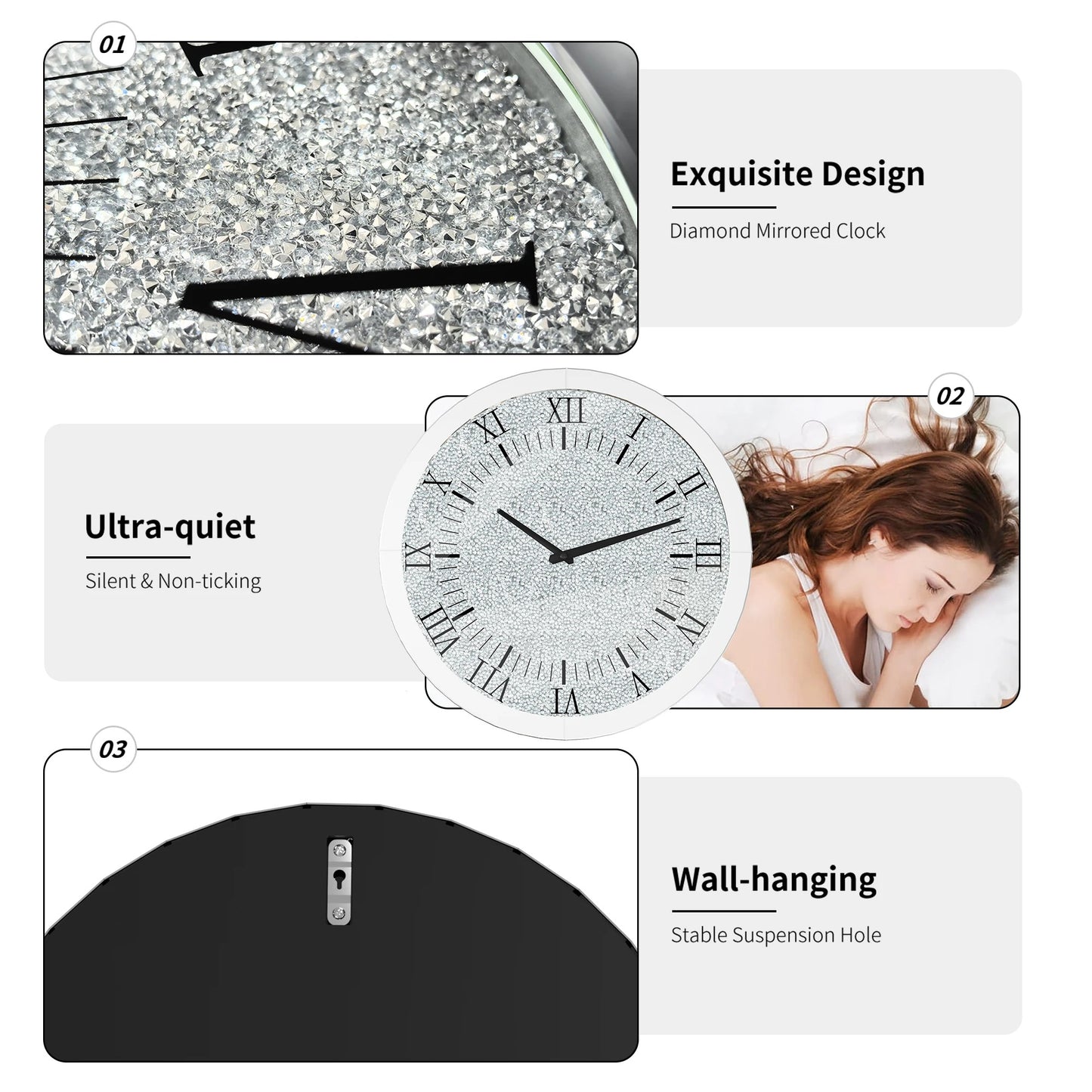 Round Crystal Crushed Diamond Wall Clock – Silver Mirrored Glass Clock for Sparkling Home Décor