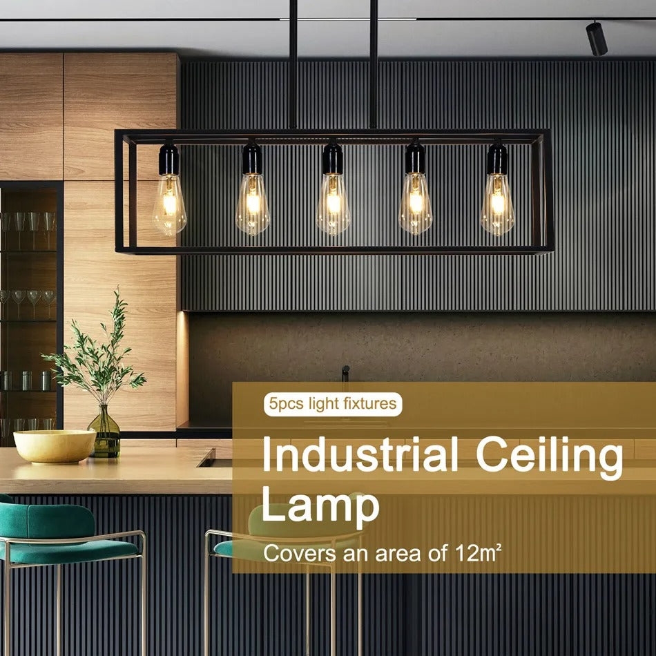 Industrial 5-Bulb Black Kitchen Island Chandelier – Pendant Ceiling Light for Living Room, Hallway & Farmhouse Interiors