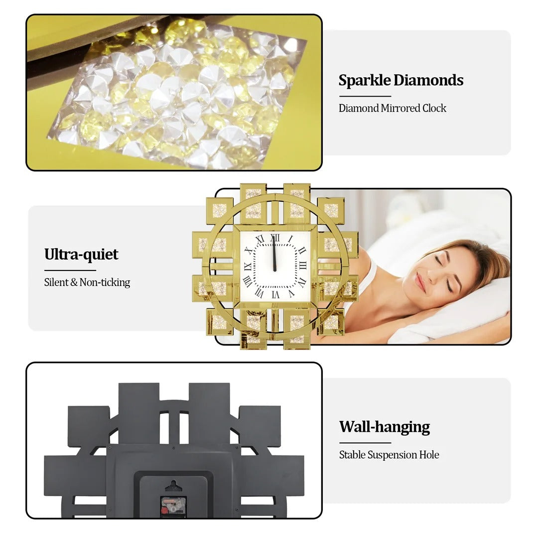 Irregular Decorative Wall Clock – Silver/Gold Crystal Crushed Diamond Inlay, Battery Operated