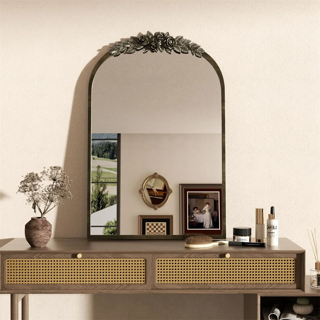Arched Antique Brass Wall Mirror – Metal Frame with Decorative Resin Rose Pattern for Entryway, Fireplace & Living Room