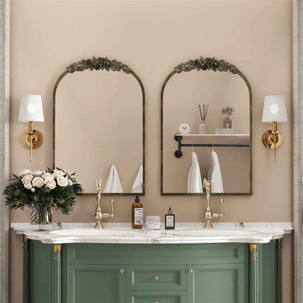 Arched Antique Brass Wall Mirror – Metal Frame with Decorative Resin Rose Pattern for Entryway, Fireplace & Living Room