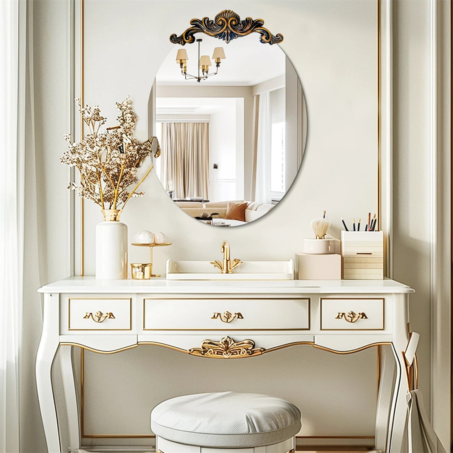 Oval Vintage Baroque Wall Mirror – 3D Embossed Antique Frame Glass Mirror for Entryway, Fireplace & Living Room