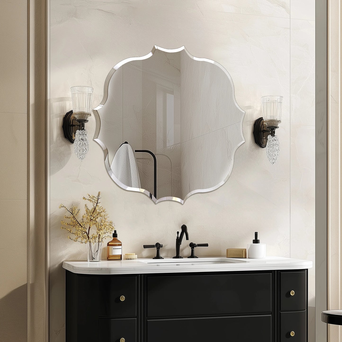 Frameless Bathroom Wall Mirror – Scalloped Beveled Edge Mirror for Living Room, Bedroom & Entryway