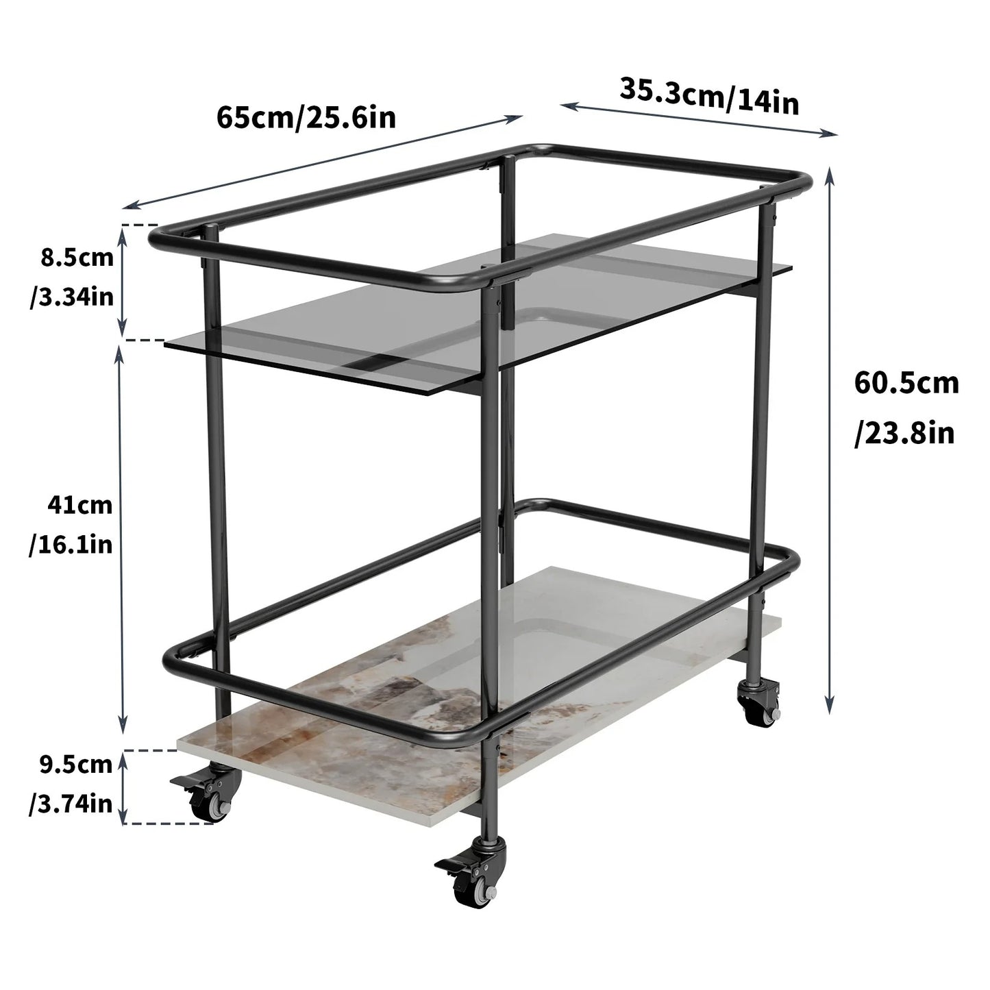Rolling Bar Cart 2-Tier Luxury Modern Serving Cart on Lockable Wheels
