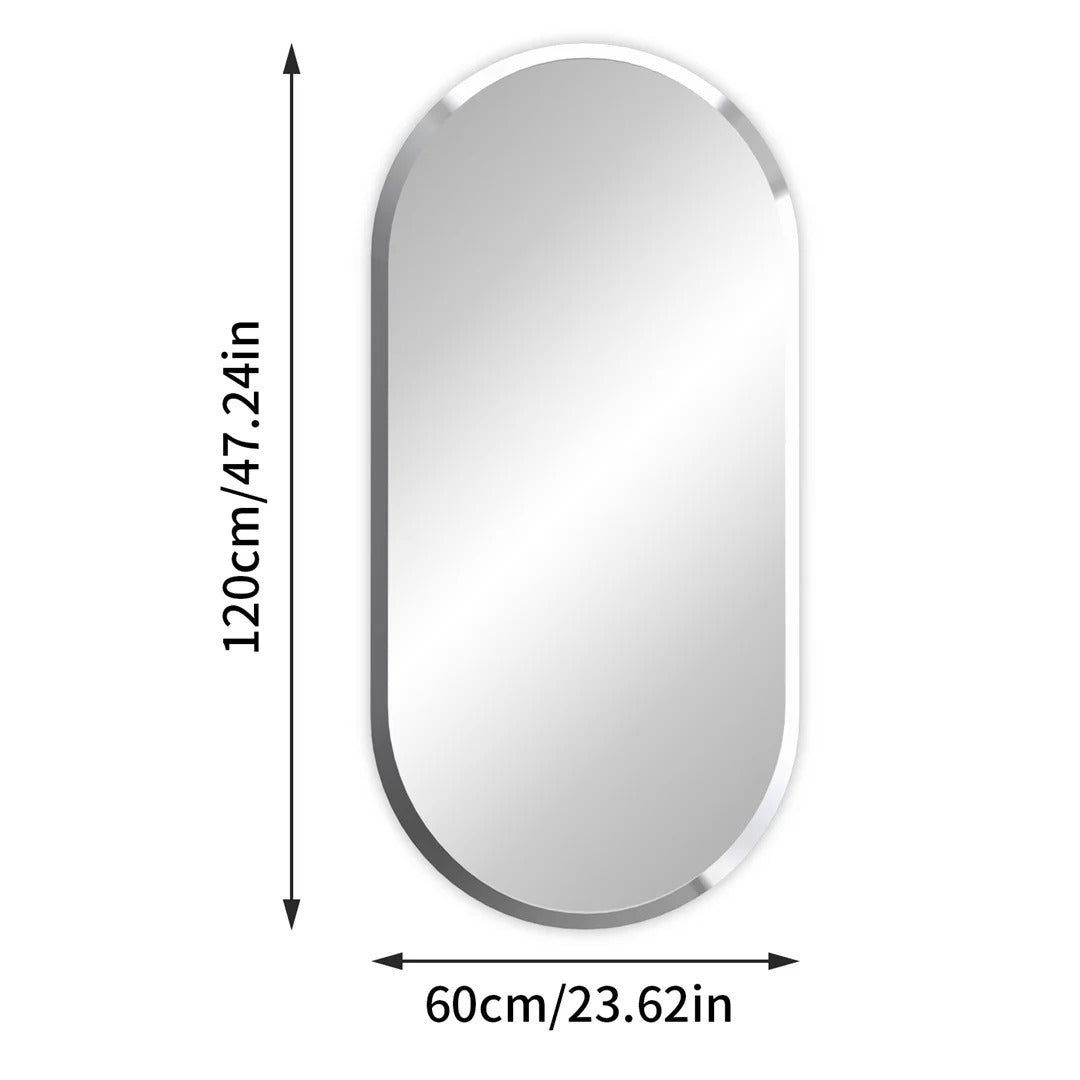 Frameless Long Oval Vanity Mirror – Silver Glass Wall Mirror with Beveled Edge for Bathroom & Entryway