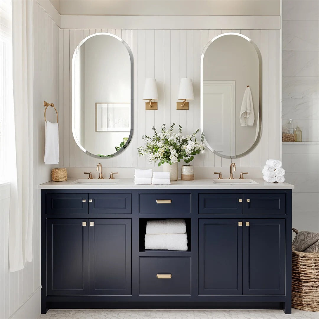 Frameless Long Oval Vanity Mirror – Silver Glass Wall Mirror with Beveled Edge for Bathroom & Entryway