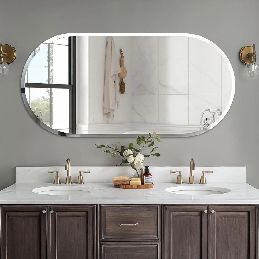 Frameless Long Oval Vanity Mirror – Silver Glass Wall Mirror with Beveled Edge for Bathroom & Entryway