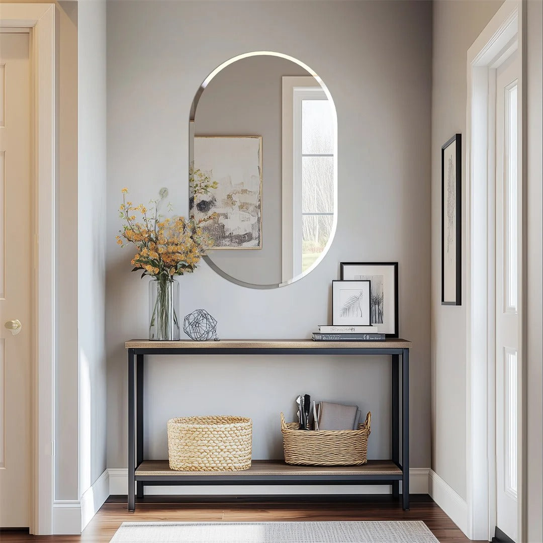 Frameless Long Oval Vanity Mirror – Silver Glass Wall Mirror with Beveled Edge for Bathroom & Entryway