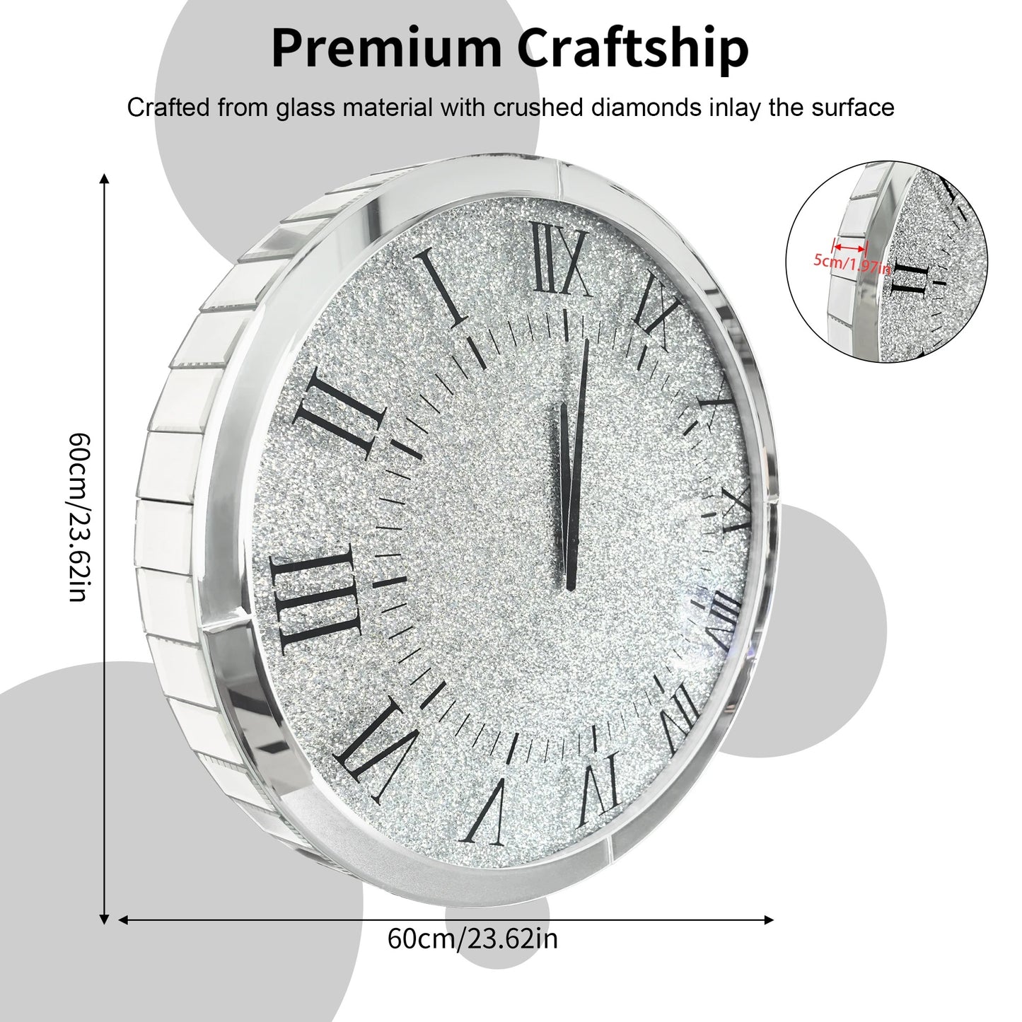 Round Crystal Crushed Diamond Wall Clock – Silver Mirrored Glass Clock for Sparkling Home Décor
