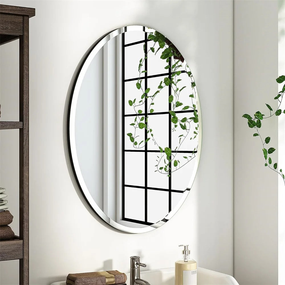Oval Frameless Bathroom Mirror – High-Definition Vanity Mirror with Beveled Edge for Entryway & Living Room