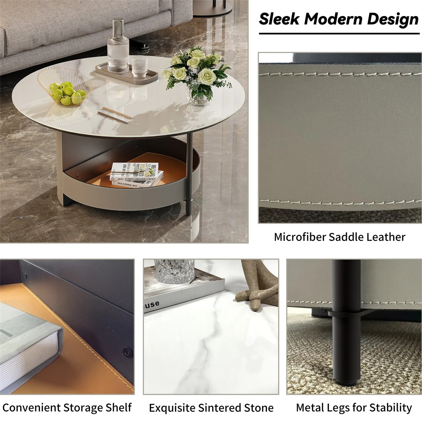 Round Coffee Tables for Living Room with Sintered Stone Top