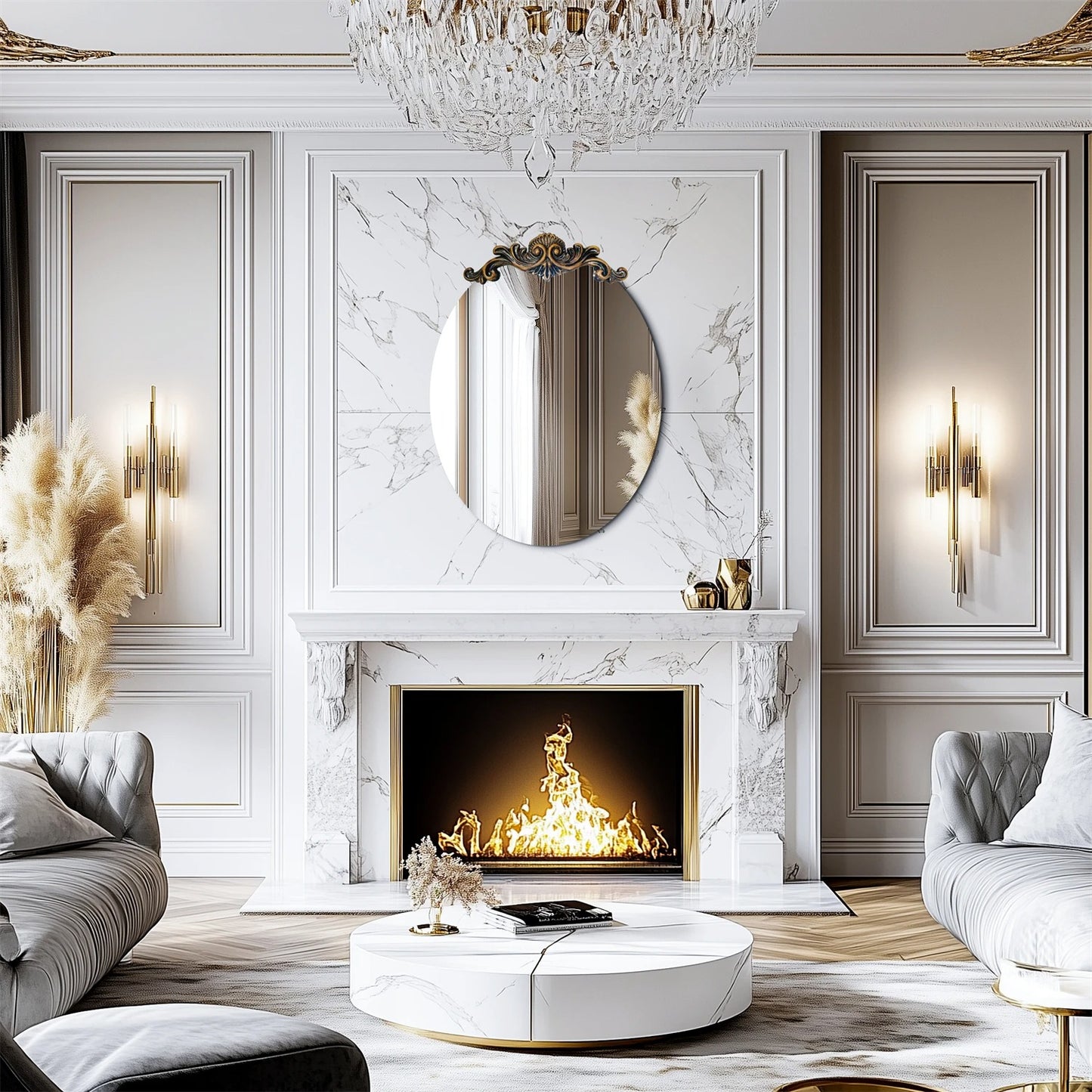 Oval Vintage Baroque Wall Mirror – 3D Embossed Antique Frame Glass Mirror for Entryway, Fireplace & Living Room