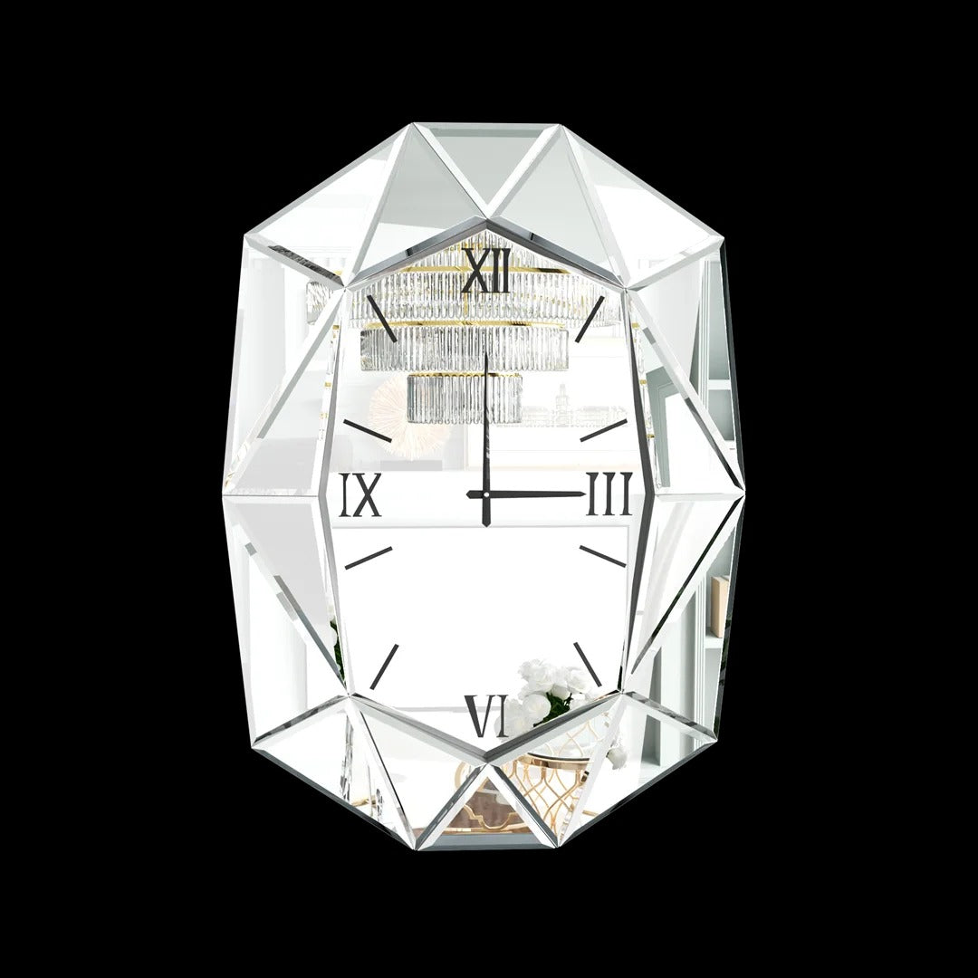 Irregular Mirrored Wall Clock – Beveled Diamond Mirror Clock with Silent Roman Numerals for Home Decor