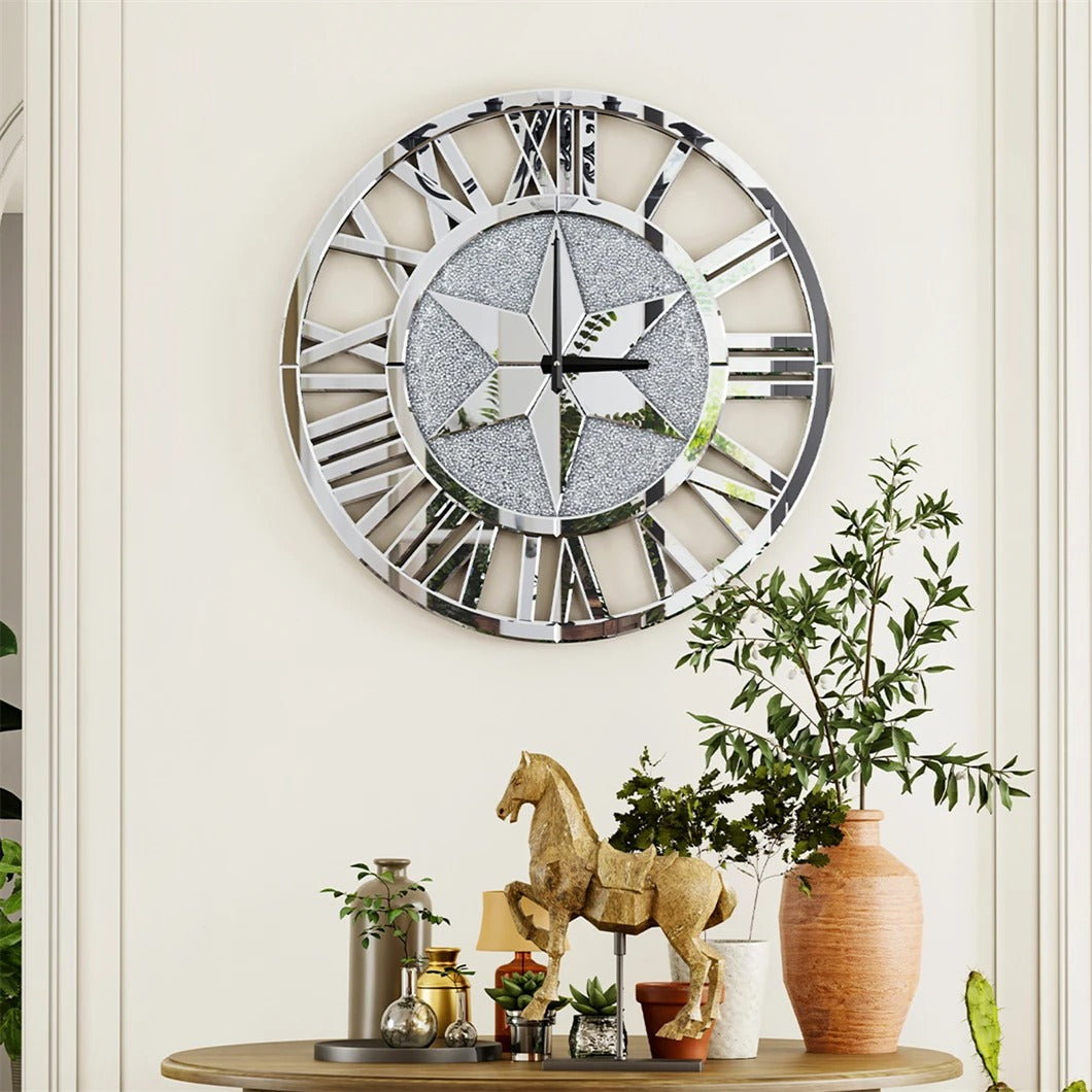Large 60CM Round Mirrored Wall Clock – Beveled Glass Skeleton Clock with Roman Numerals for Living Room & Fireplace Decor
