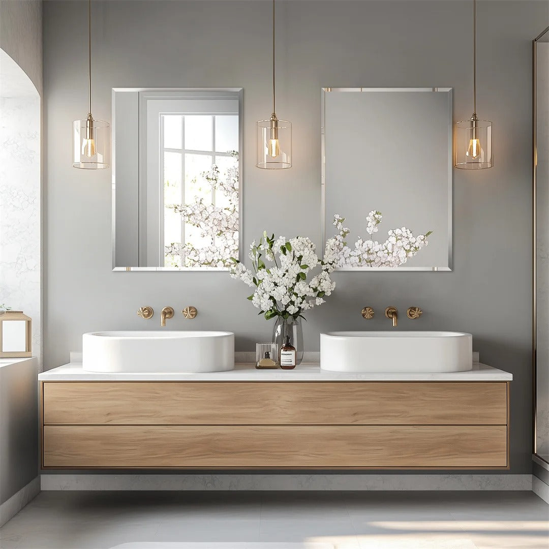 Frameless Rectangle Wall Mirror – Beveled Silver Edge Vanity Mirror for Bathroom, Bedroom, Living Room & Dining Room