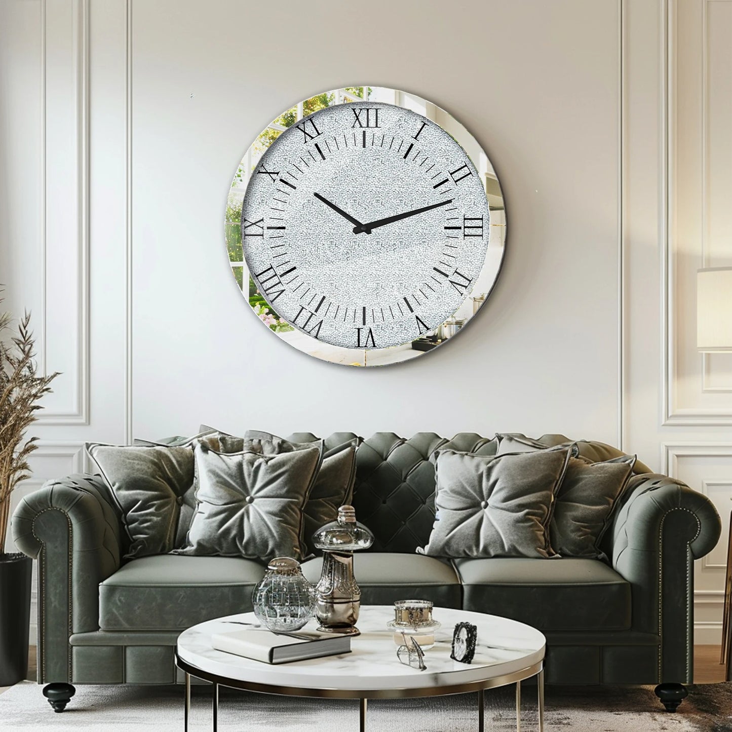 Round Crystal Crushed Diamond Wall Clock – Silver Mirrored Glass Clock for Sparkling Home Décor