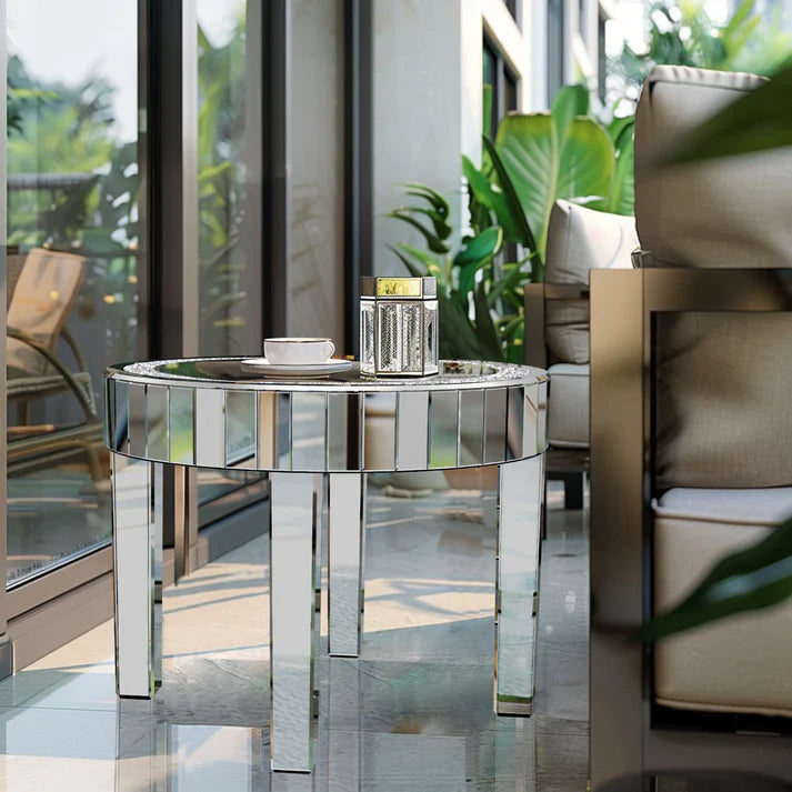 60CM Luxury Mirrored Round End Table with Crystal Diamonds Inlay