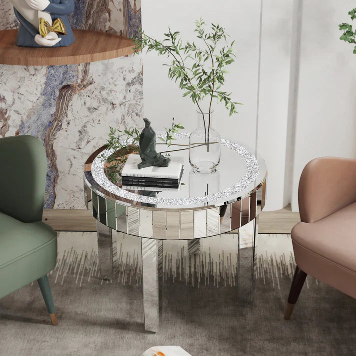 60CM Luxury Mirrored Round End Table with Crystal Diamonds Inlay