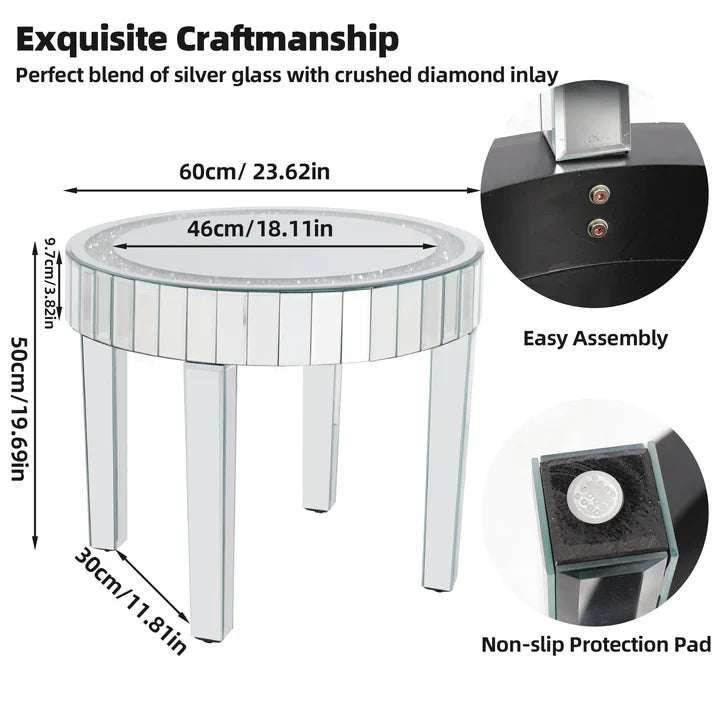60CM Luxury Mirrored Round End Table with Crystal Diamonds Inlay