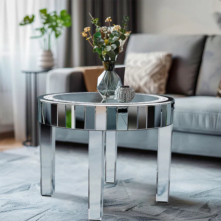 60CM Luxury Mirrored Round End Table with Crystal Diamonds Inlay