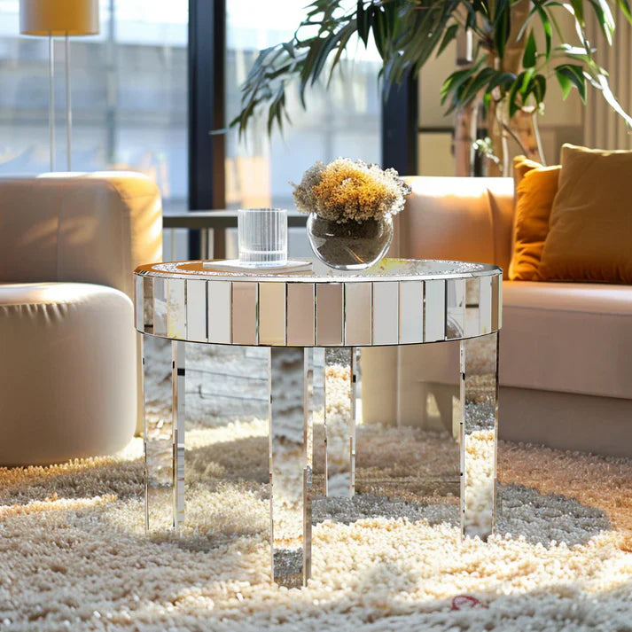 60CM Luxury Mirrored Round End Table with Crystal Diamonds Inlay
