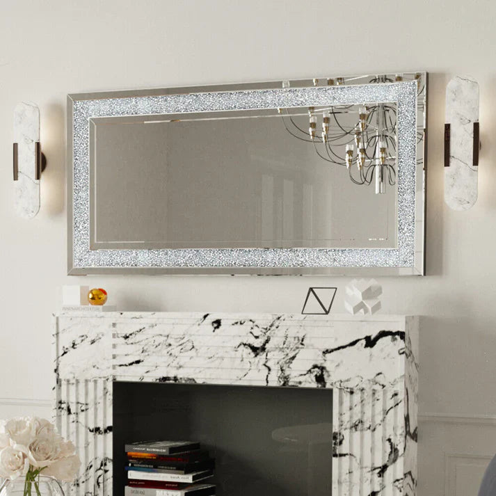 Luxury Silver Crystal Vanity Mirror – Large Frameless Wall Dressing Mirror with Rhinestone Detailing