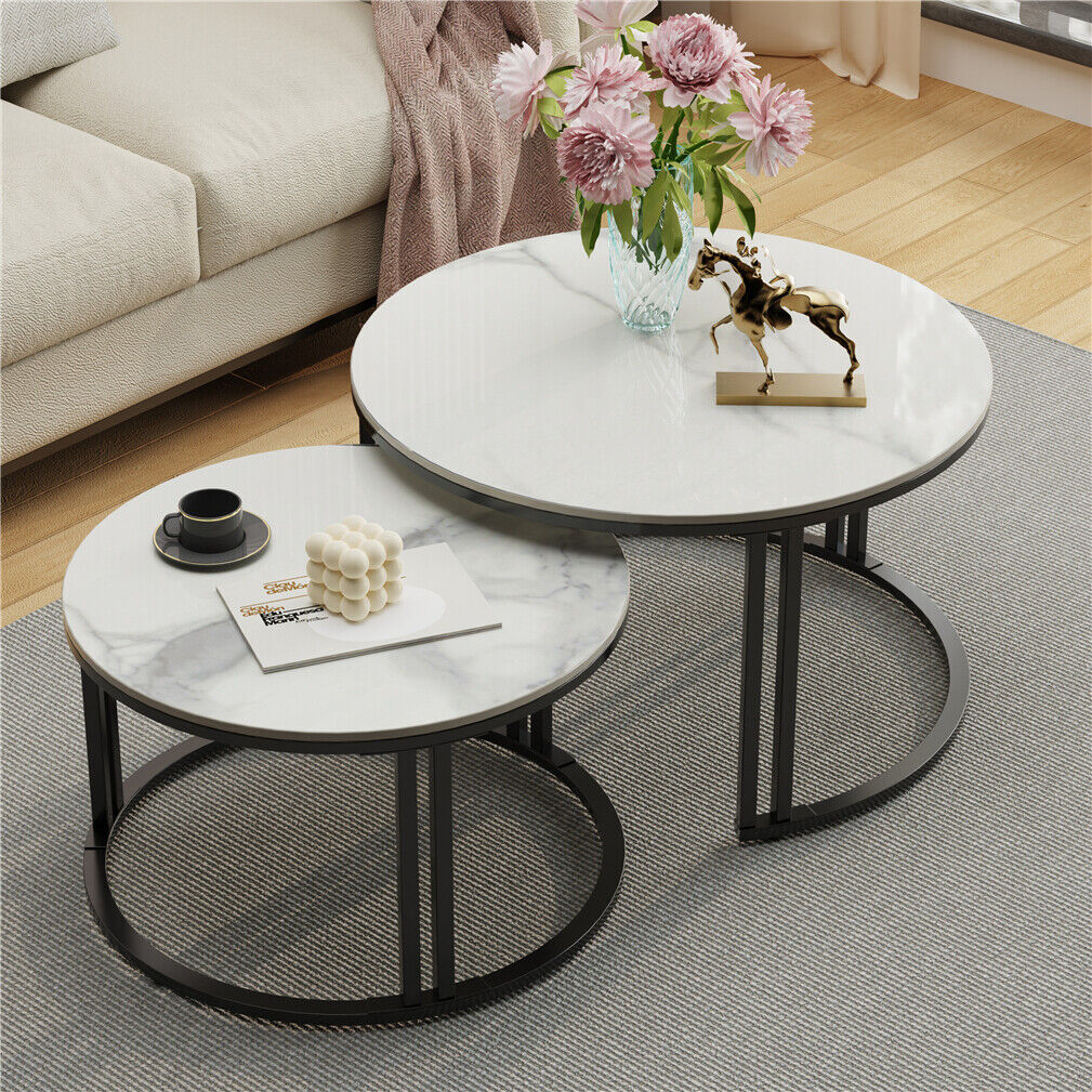 2PCS Glossy White Texture Nesting Coffee Table Sintered Stone-top Stacking