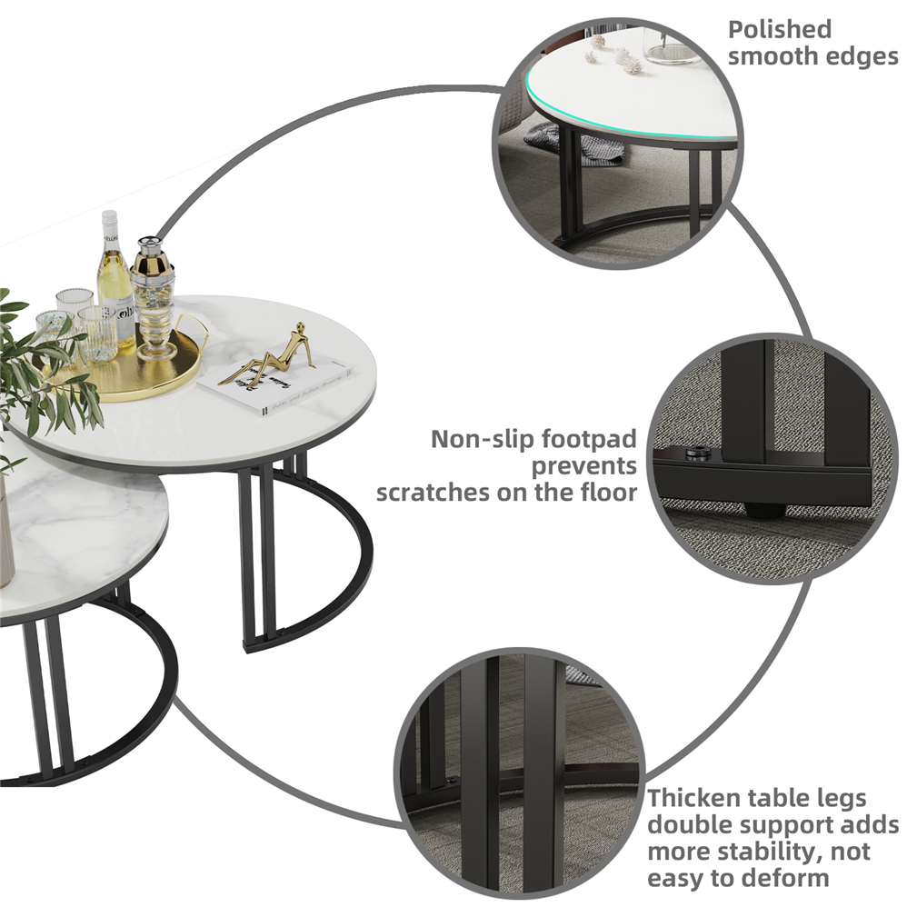 2PCS Glossy White Texture Nesting Coffee Table Sintered Stone-top Stacking