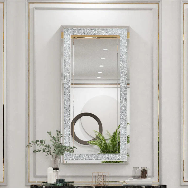 Luxury Silver Crystal Vanity Mirror – Large Frameless Wall Dressing Mirror with Rhinestone Detailing