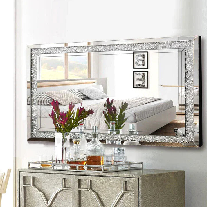 Luxury Silver Crystal Vanity Mirror – Large Frameless Wall Dressing Mirror with Rhinestone Detailing