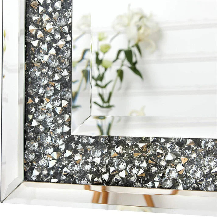 Luxury Silver Crystal Vanity Mirror – Large Frameless Wall Dressing Mirror with Rhinestone Detailing