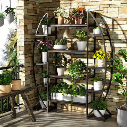 5-Tier Half-Moon Bookshelf & Plant Stand – Industrial-Style Curved Oval Rack for Home and Garden